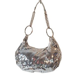 Silver Sequined Hobo Bag with Chain Strap. Detachable Pouch.
